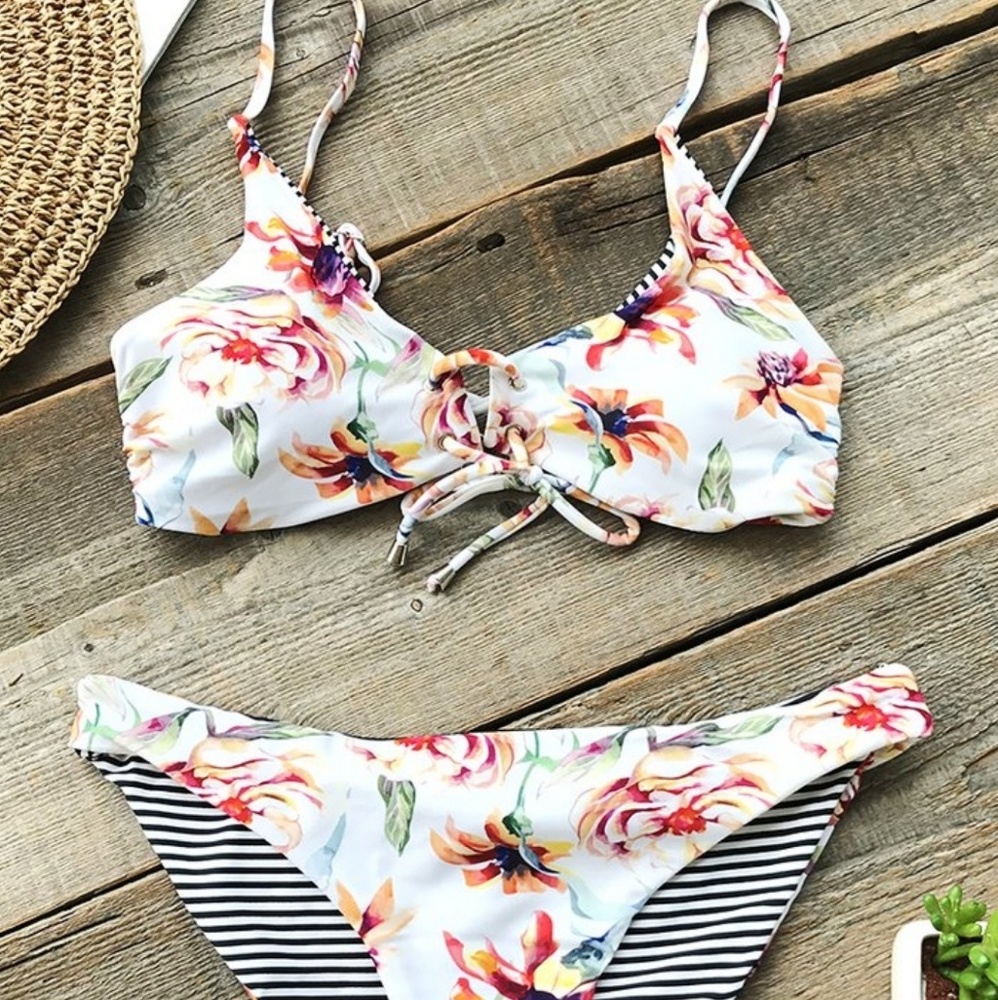 Reversible Floral Striped Bikini